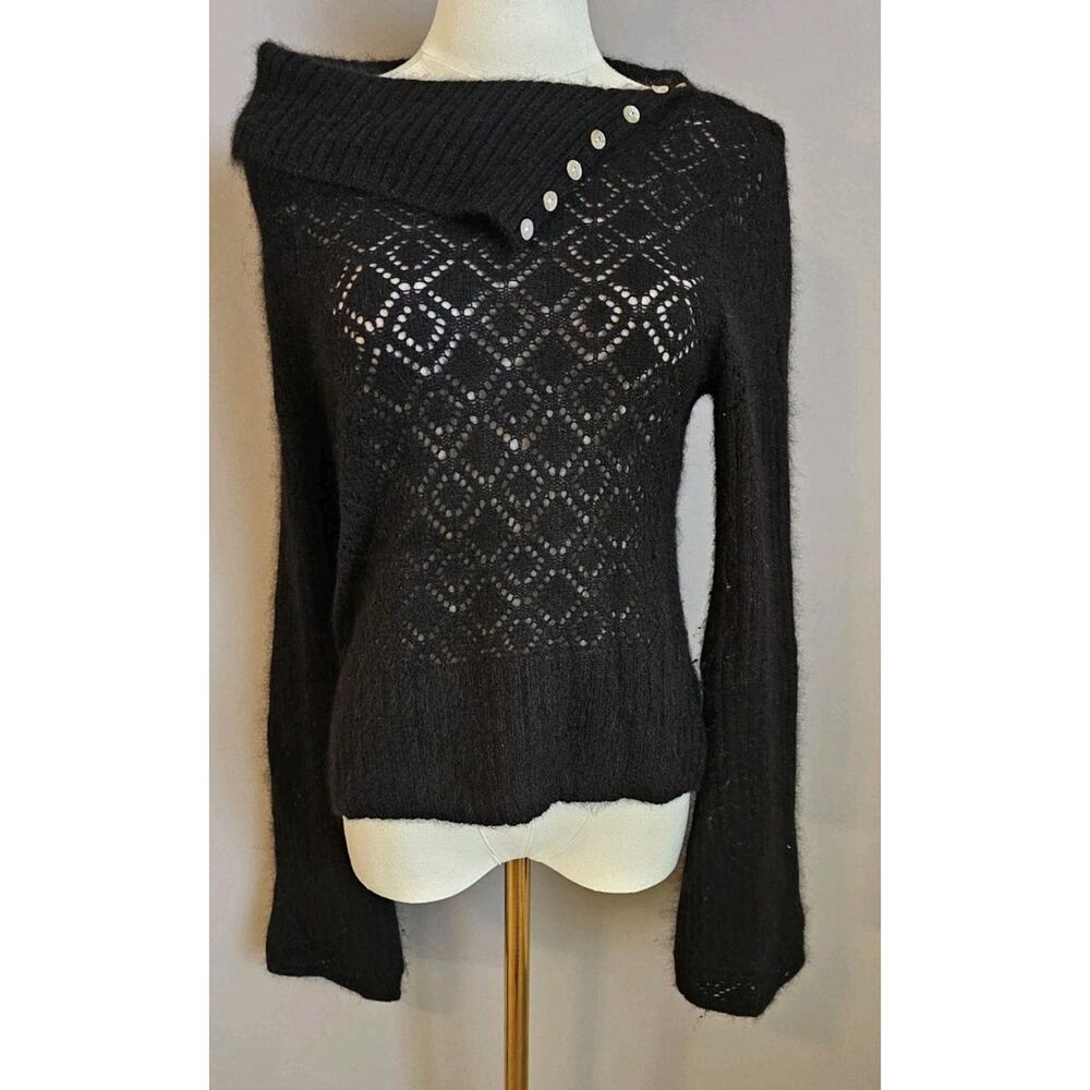 Airport Black Angora Wool Blend Sheer Knit Sweater Button Collar Women’s Size L